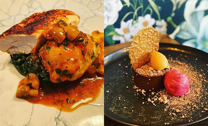 Roast chicken dinner (left) and chocolate and sorbet dessert (right)