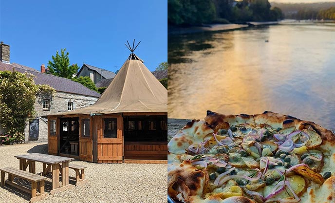 Tipi restaurant in a courtyard (left) pizza beside a river at sunset (right)