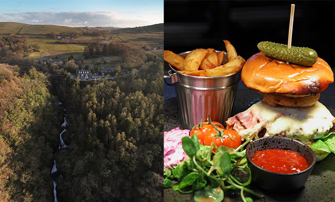 Restaurant nestled within the forest and mountains of Devil's Bridge (left) Burger, chips and garnishes (right)