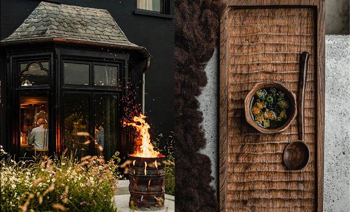 Exterior of fine dining restaurant with firepit outside (left) Dish from fine dining restaurant (right)