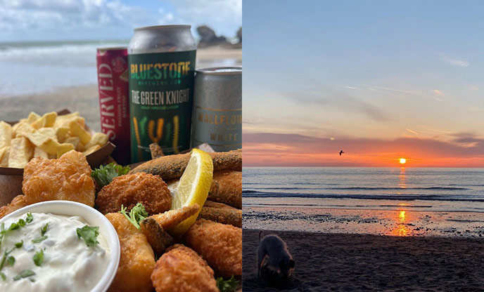 Fish and chips (left) and beach sunset (right)