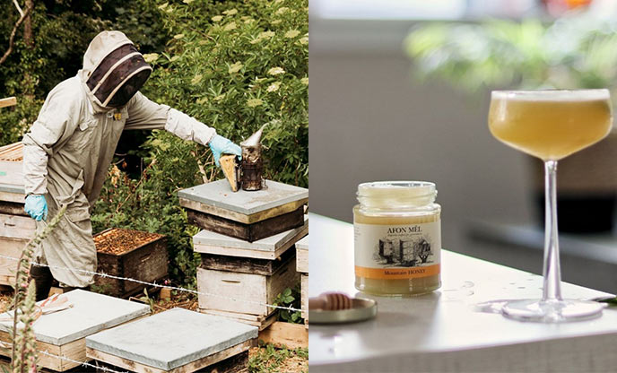 Bee keeper at honey farm (left) and pot of honey and honey cocktail (right)
