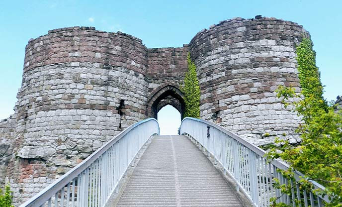 Looking up the path at the impressive entrance way of Beeston Castle in Cheshire