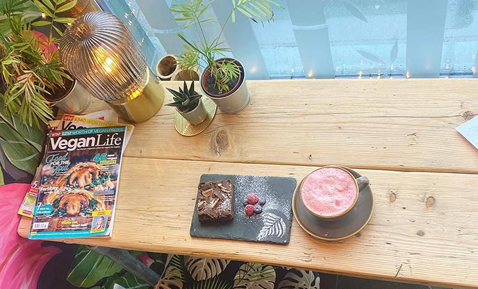 A beautiful pink coffee and brownie from Roots Lounge in Cornwall