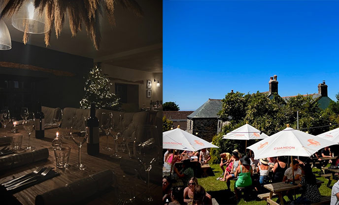 Cosy Christmas pub setting (left) and bustling beer garden on a sunny day (right)