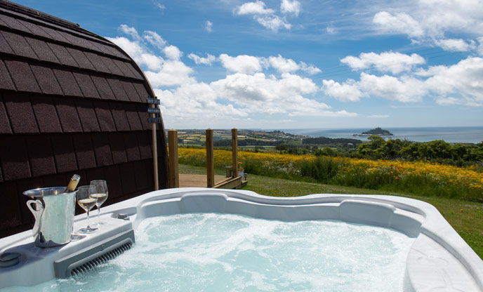 The stunning view of St Michael's Mount from the heavenly hot tub at Mount Lookout 