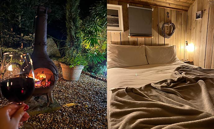 Glass of red wine and chiminea (left) & double bed with warm lighting (right)