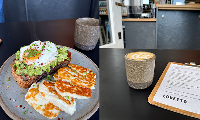 Brunch of avocado, halloumi and egg on sourdough toast (left) & coffee and cafe menu (right)