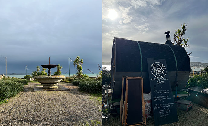 Stormy skies looms over garden (left) & wood-fired barrel sauna (right)