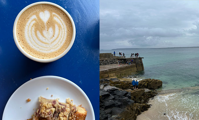 Coffee and cake (left) & St Ives harbour as storm looms (right)