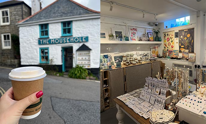 Takeaway coffee in front of The Mousehole shop (left) & Inside The Mousehole shop (right)