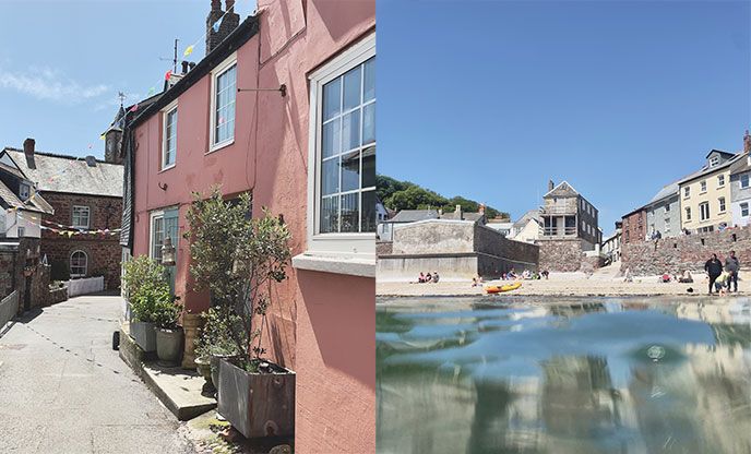 The colourful streets on one side and Cawsand beach on the other
