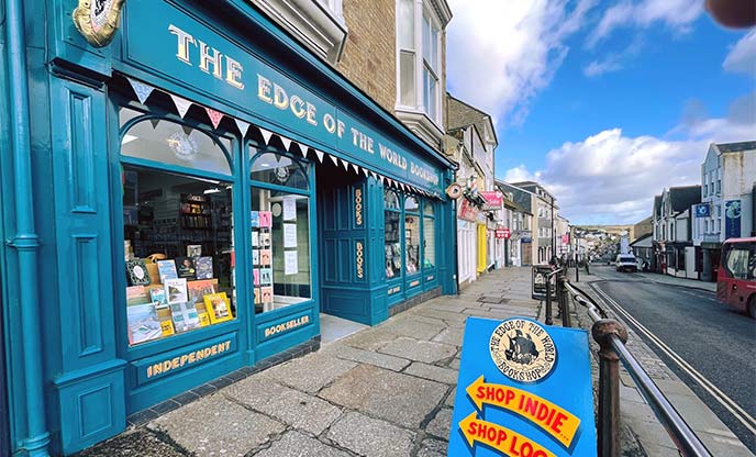 Exterior of colourful local bookshop in Penzance