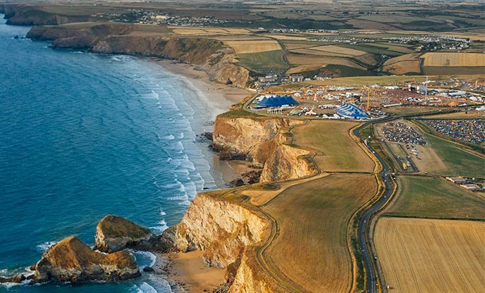 Ariel view of Boardmasters Festival on the cliff overlooking the sea in Cornwall