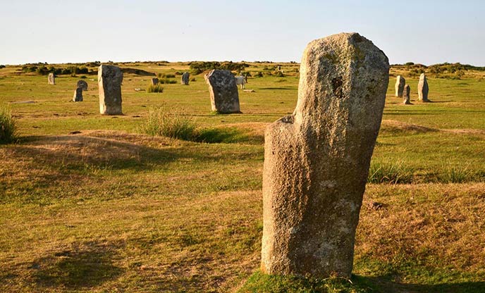 The ancient standing stones at the Hurler Stone Circles in west Cornwall