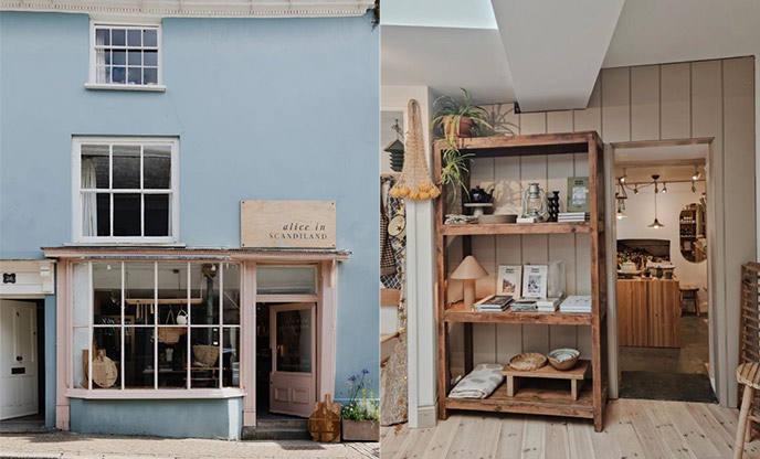 Pastel blue and pink exterior of homeware shop (left) and interior of Scandinavian inspired shop (right)