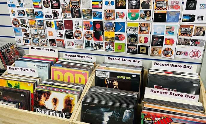 An array of records on display at Music Nostalgia in Truro