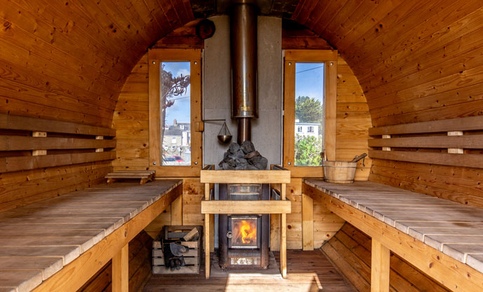 The inside of Rising Embers wood-fired sauna
