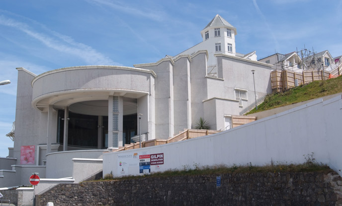 The modern exterior of one of the many art galleries in St Ives, the Tate St Ives