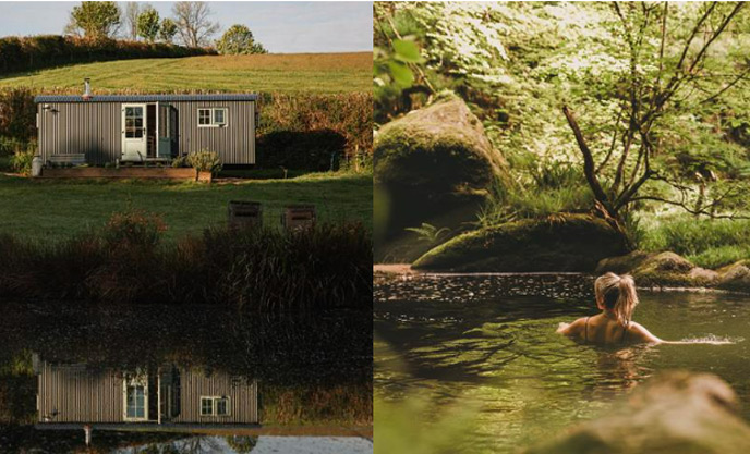 Left image of a shepherd's hut in Cornwall by a lake, right image of wild swimmer at Glothia Falls Cornwall 