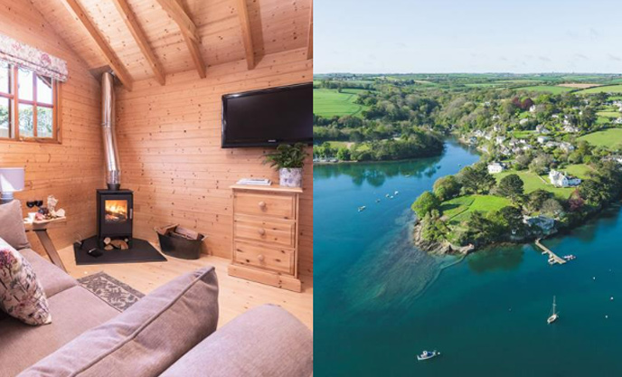 Left image of the interiors of a cosy cabin in Cornwall, right arial view of the Helford
