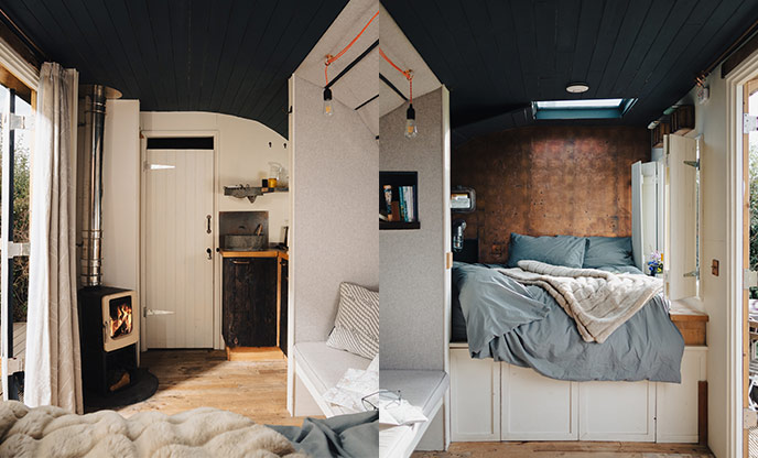 Small silver wood-burner (left) cosy cabin bed (right)