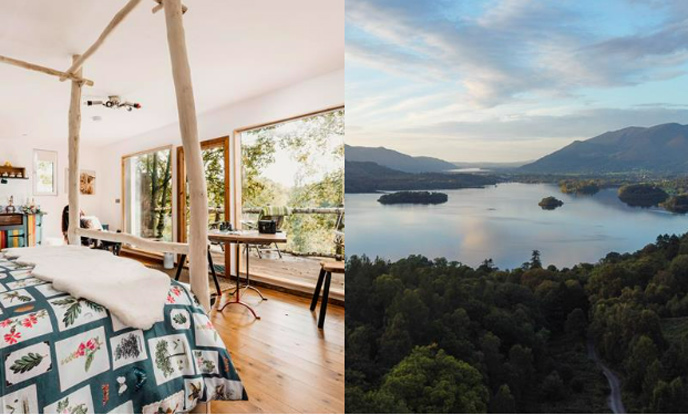 Left image of the interiors of a treehouse in Cumbria, right image of the natural landscape of the Lake District 