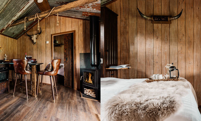 Warm wooden interiors of cabin in Devon