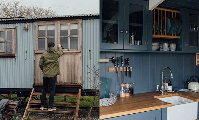 Locking up shepherd's hut (left) | Deep blue kitchen interiors (right)