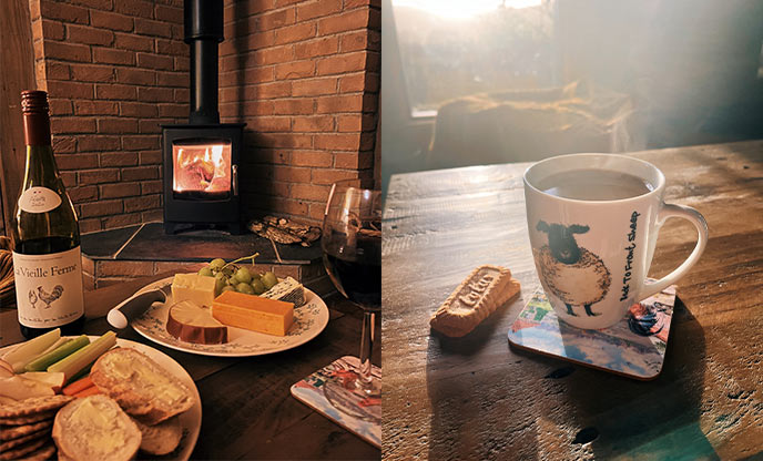 An image of food in front of the woodburner in Room With a View next to an image of a cup of tea and a biscuit