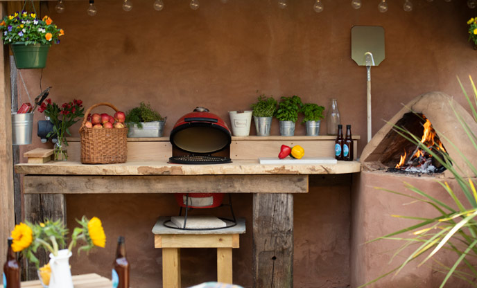 The beautifully rustic outdoor kitchen at Swallow's Nest in Devon