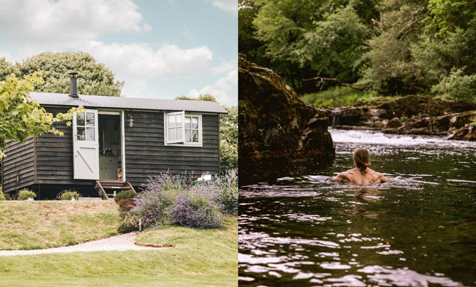 Left image of shepherd's hut in Totnes, right image of wild swimmer on Dartmoor
