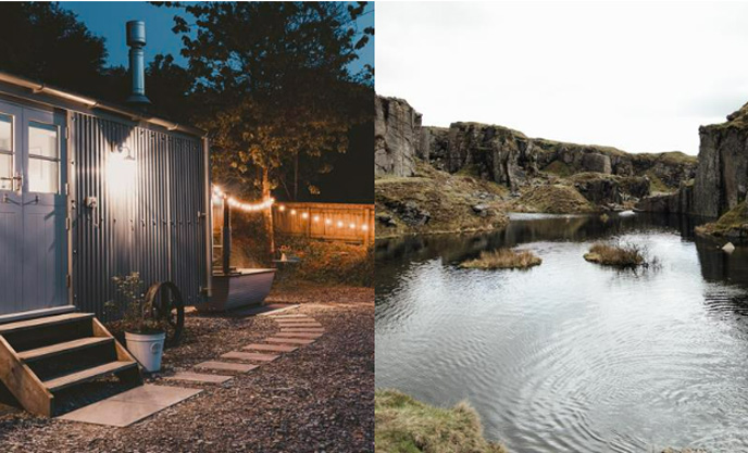 Left image of a shepherd's hut with outdoor bathtub near Dartmoor, right image of Foggintor Quarry