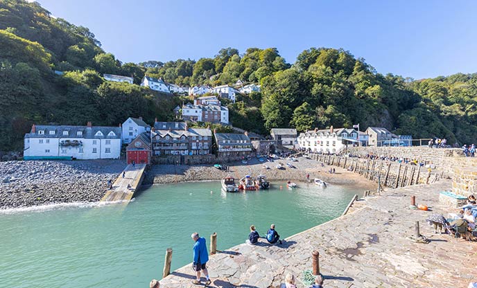 Looking across the harbour and up at the sloping village of Clovelly in Devon
