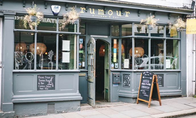 The exterior of Rumours Bar and Kitchen, Totnes