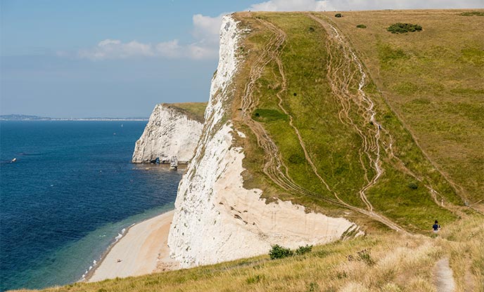 A stretch of cliffs in Dorset with the Wouth West Coast Path running along the top