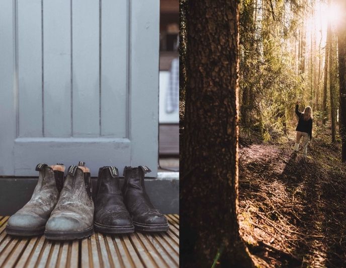 On one side, two pairs of boots sit on the decking outside La Cabine Francaise while on the other, Rosita walks through woods and dappled sunlight