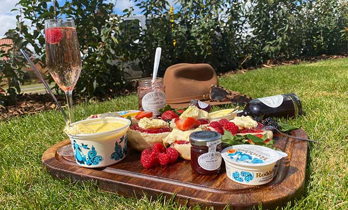 Delicious cream teas, complete with Tiptree jam, Roddas clotted cream, fresh berries and a glass of prosecco