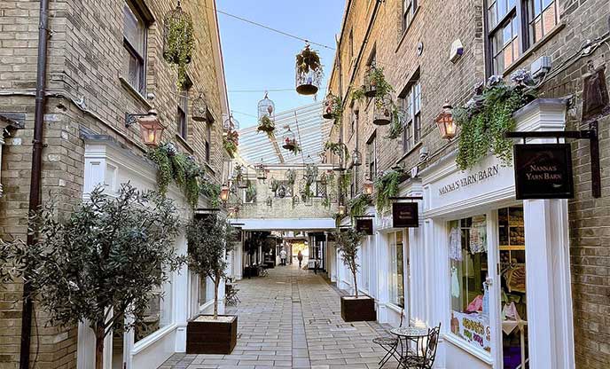 Pretty street complete with hanging plants in Colchester, Essex