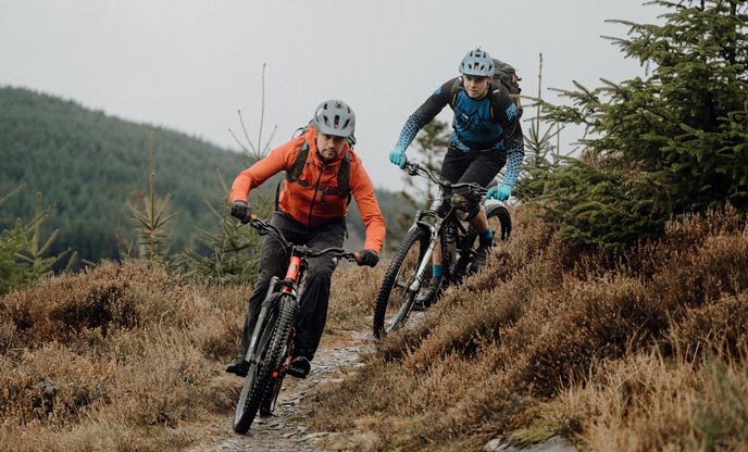 Friends enjoying mountain biking routes in Ceredigion Wales 