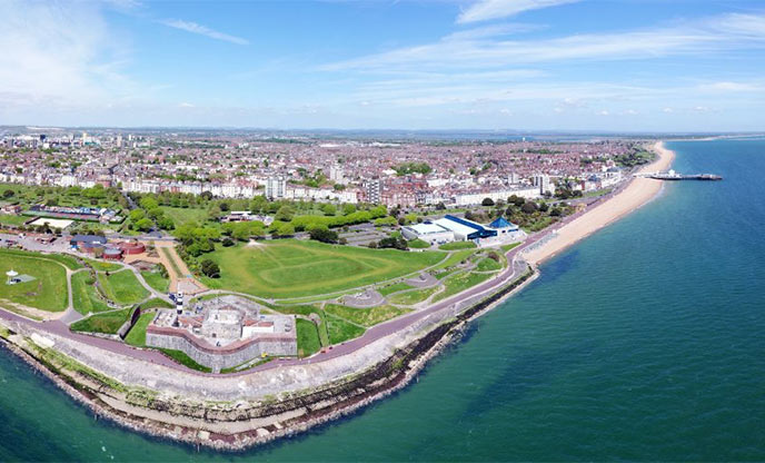 Birdseye view of Southsea Castle and Common in the glorious sunshine