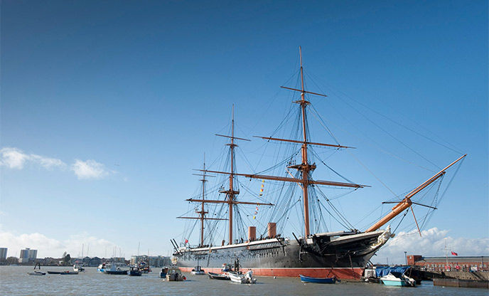 A sunny day and historic ship docked at Portsmouth