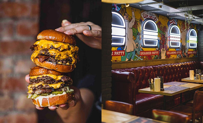 Two stacked beef burgers (left) and funky, colourful interior of burger restaurant (right)