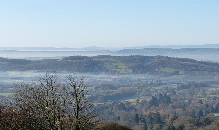 Misty day over the Malvern Hills in Herefordshire
