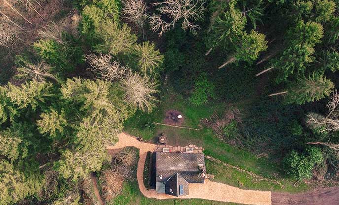 An aerial view of Mrs Higgs, a cosy cottage hideaway in the trees in Herefordshire