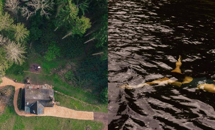 Left image of Mrs Higgs in Herefordshire, right image of wild swimmer under water