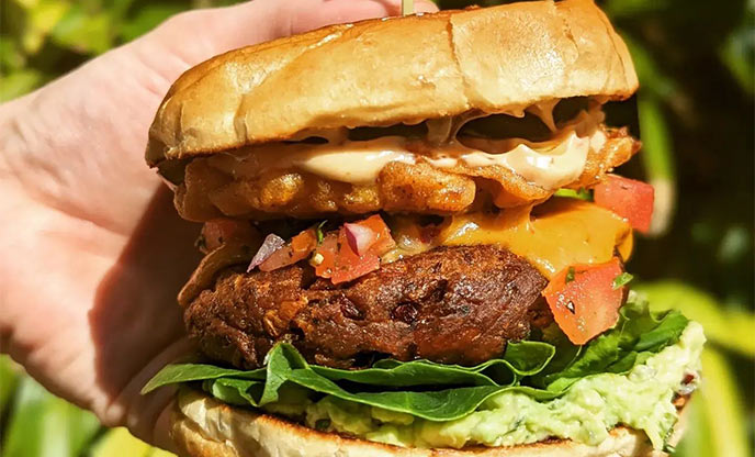 Close up of delicious vegan burger at Tansy's Pantry