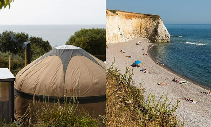 Left image of a yurt on the Isle of Wight with sea views, right image of Freshwater Bay
