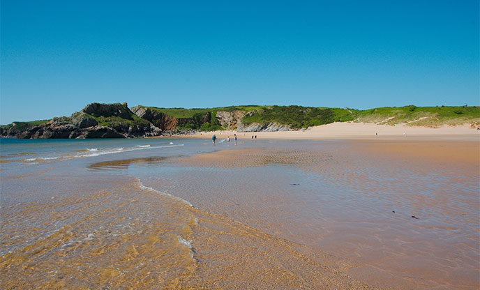 Wide stretch of golden sand and clear blue skies at Broad Haven Beach