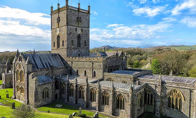 St David's Cathedral on a sunny day in Pembrokeshire 